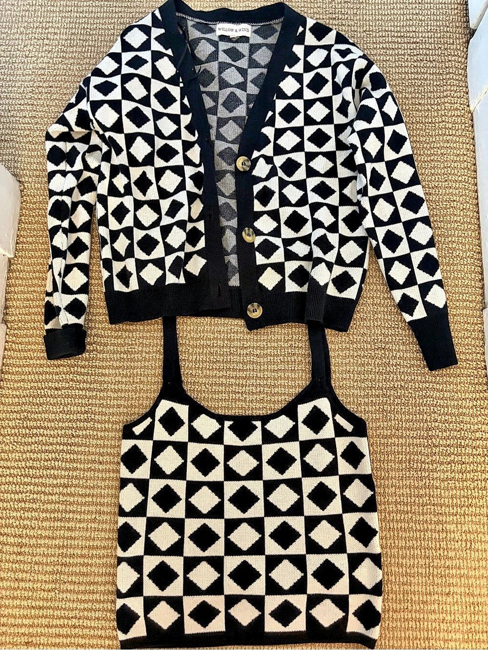 Willow & Wind Knit Cropped Checked Tank and Cardigan Set Black & White Medium